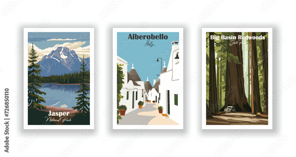 Naklejka premium Alberobello, Italy. Big Basin Redwoods State Park. Jasper National Park - Vintage travel poster. High quality prints