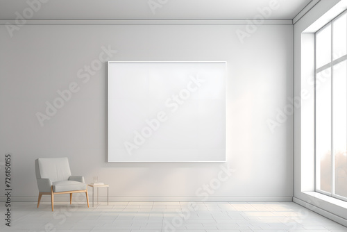 Empty white room with empty frame poster in white wall and chair ,  window ,modern interior  design ,  floor, mockup ,product , studio , room