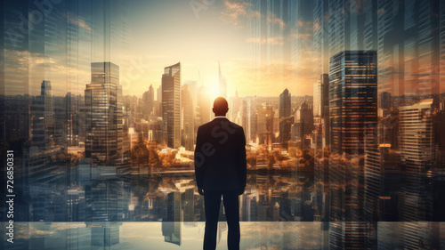 close up double exposure image of the business man standing back during sunrise overlay with cityscape image. The concept of modern life, business, city life and internet of things © wiparat