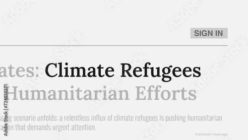 Term 'Climate refugees' highlighted on FAKE headlines news publications. Titles on white background. Can be used for editorial AND non editorial content as everything is 100% fake