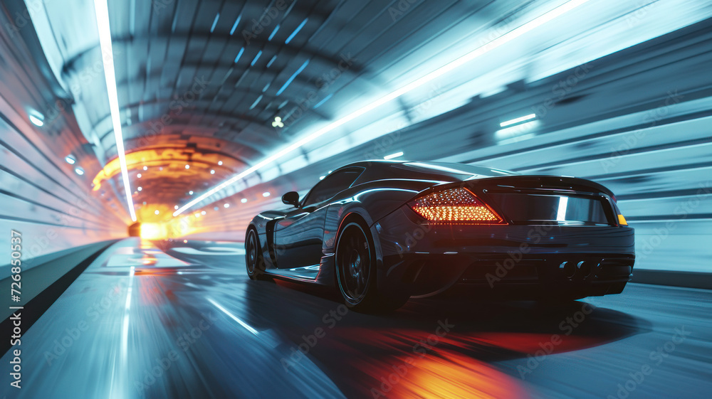 modern sports car drives quickly through an abstract light tunnel