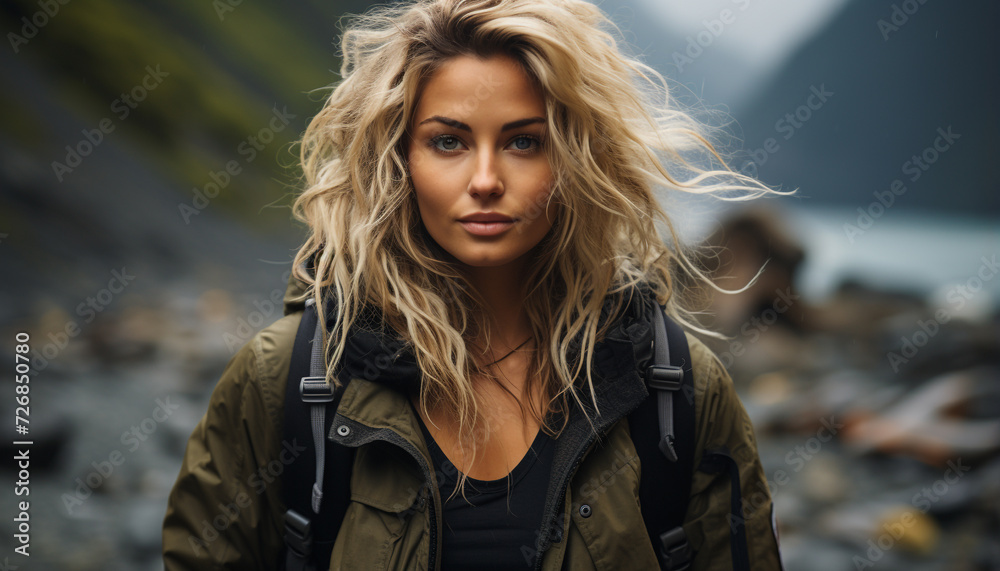 Young woman hiking in the forest, confident and smiling generated by AI Young woman hiking in the forest, confident and smiling generated by AI