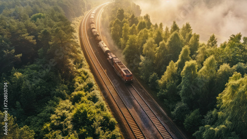 Cargo Train summer morning forest fog sunrise Aerial view