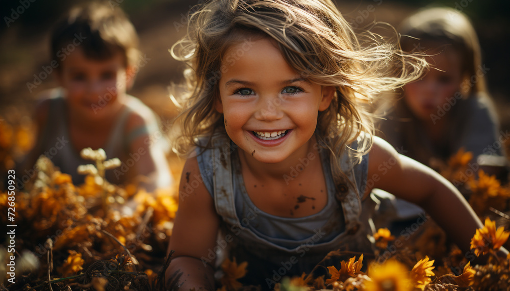 Smiling girls enjoying nature, carefree and playful generated by AI
