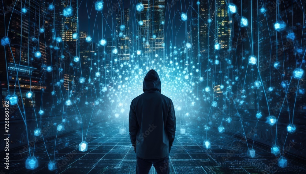 Anonymous hacker man on his back with black sweatshirt and hoodie, surrounded by blue glowing data network on virtual space background. Cybersecurity, cyberattack, cybercrime concept. Generative AI.
