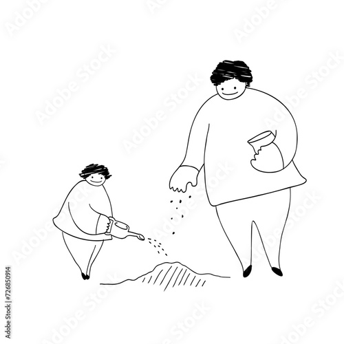 種まきをする親子の線画イラスト