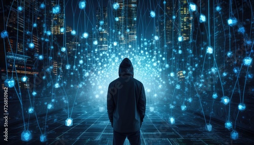 Anonymous hacker man on his back with black sweatshirt and hoodie, surrounded by blue glowing data network on virtual space background. Cybersecurity, cyberattack, cybercrime concept. Generative AI.