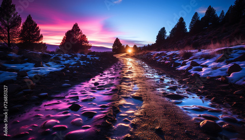 Tranquil scene sunset over mountain, reflecting on calm water generated by AI