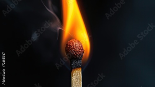 Fiery Ignition: Close-Up of Burning Wooden Match on Black Background