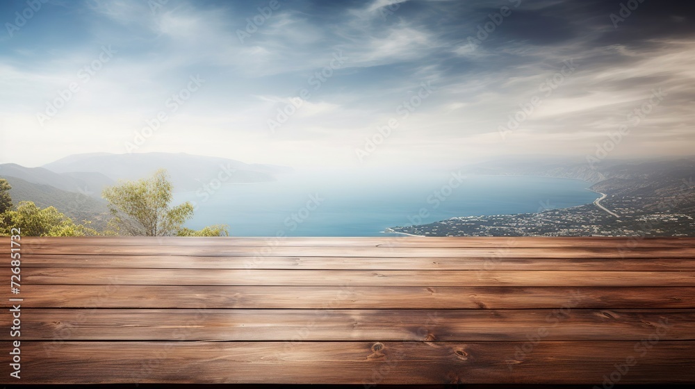 Wooden table or wooden floor for displaying goods on a mountain background, natural mountain landscape, a place for text