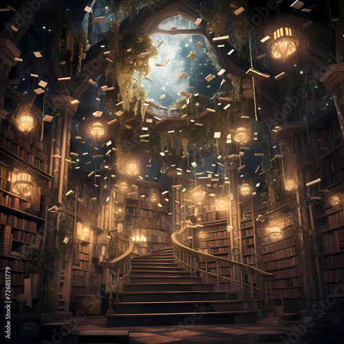 Enchanted library with floating books.