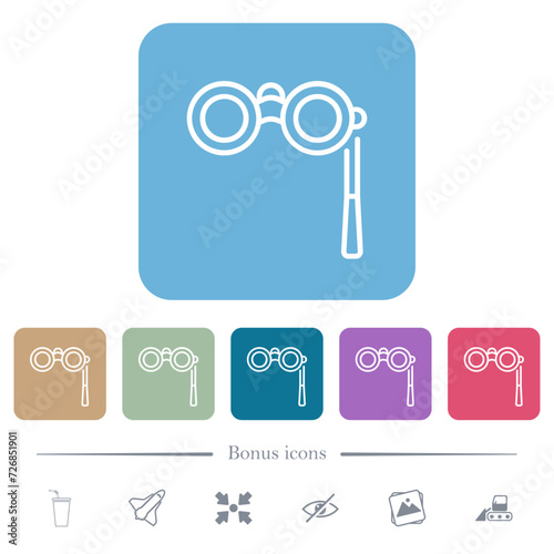 Lorgnette outline flat icons on color rounded square backgrounds