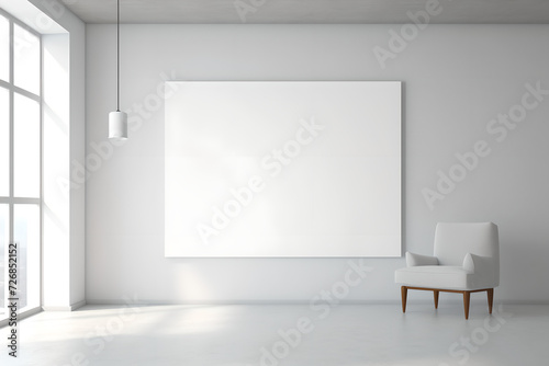 Empty white room with empty frame poster in white wall and chair , Hanging lamp in roof , window ,modern interior design , floor, mockup ,product , studio , room