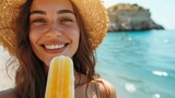 Summer Bliss: Smiling Woman with Popsicle by the Sea