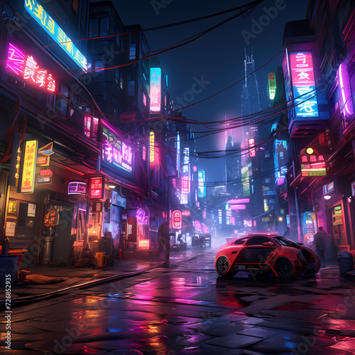 Cyberpunk street scene with neon lights. © Cao