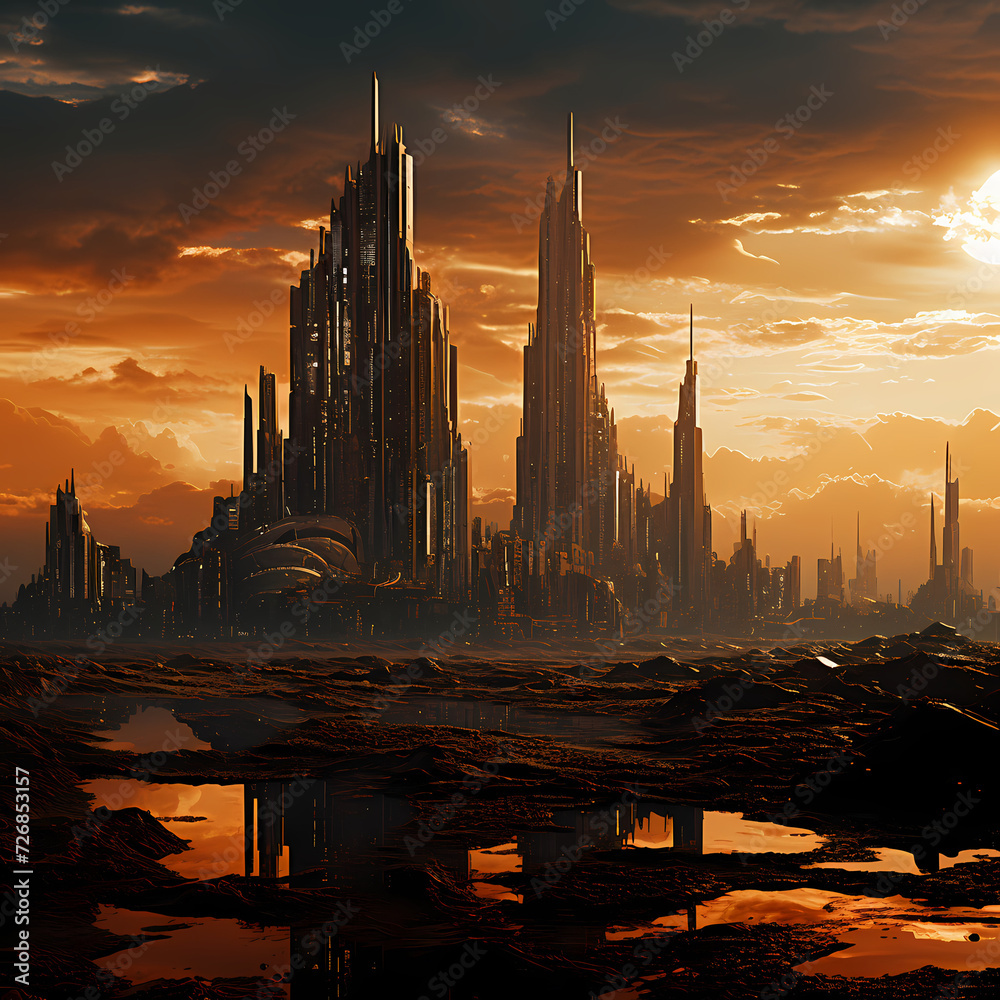 Dystopian cityscape with towering skyscrapers.