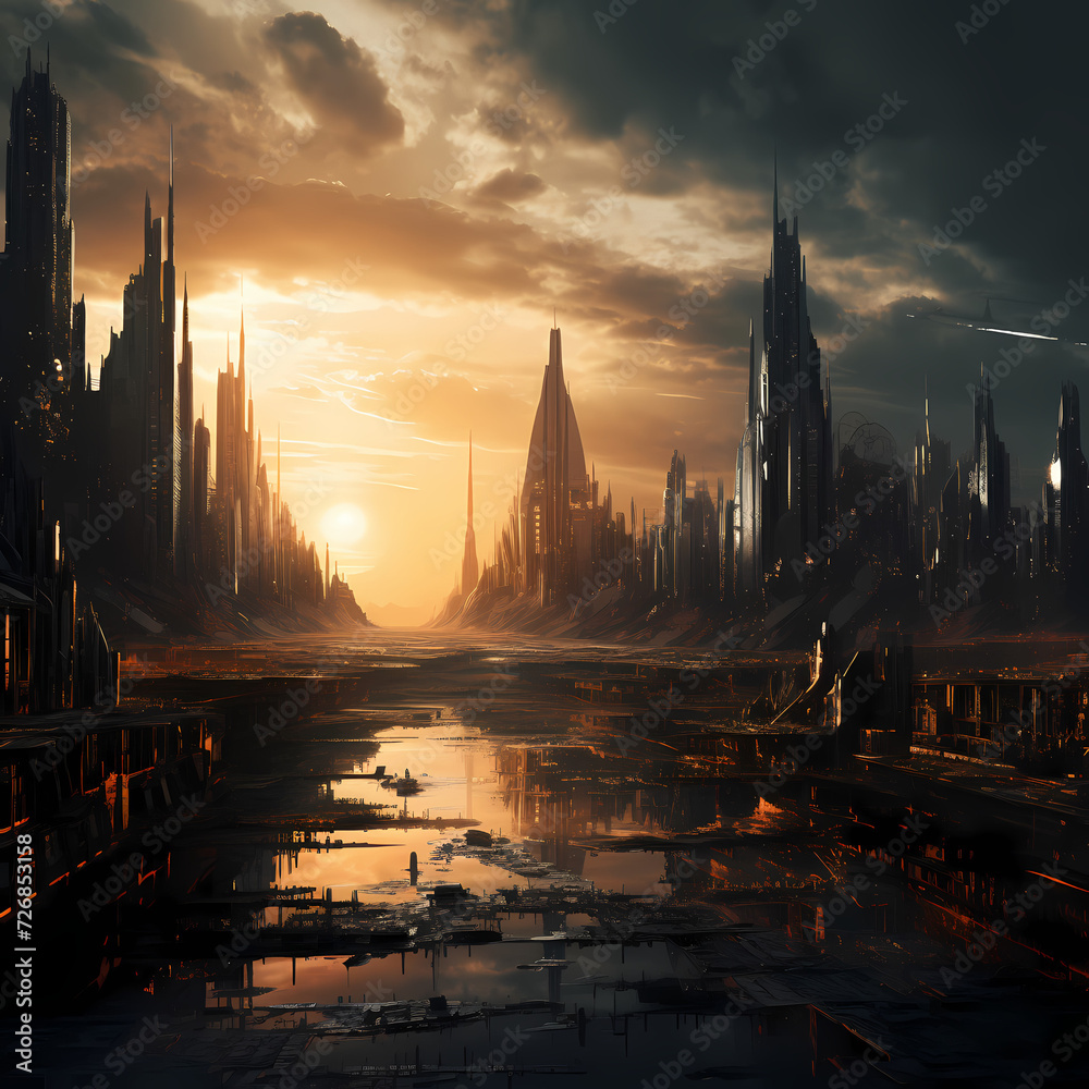Dystopian cityscape with towering skyscrapers.