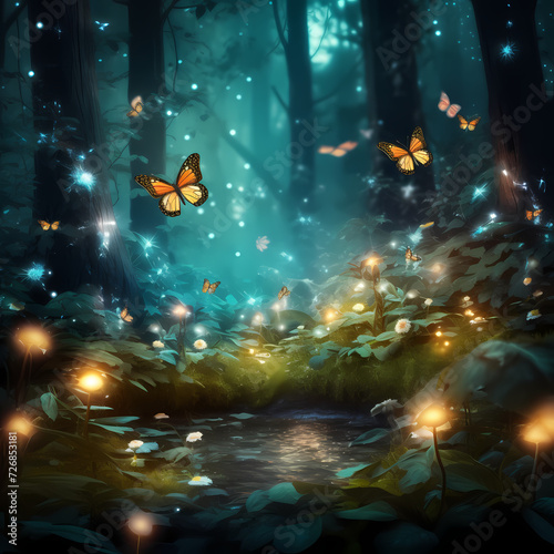 Enchanted forest with glowing butterflies. 