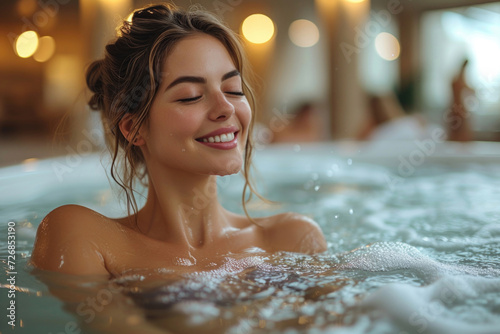 Female portrait. Relaxed happy young adult white blonde woman with bare shoulders enjoying beauty treatments in hot tub. Bath in bathroom. Copy space for text. Healthy lifestyle, spa, skin care photo