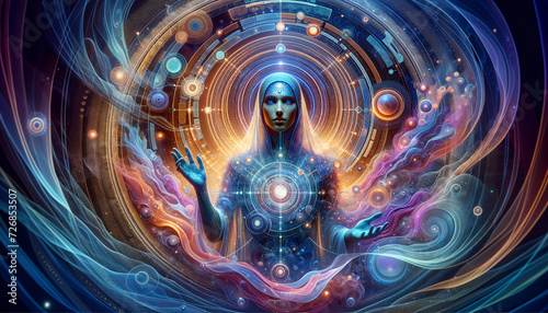 Futuristic human interacting with holographic interface in virtual environment.