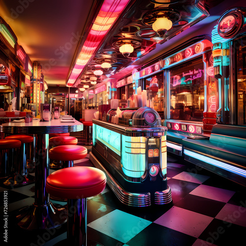 Retro diner with a jukebox and neon signs
