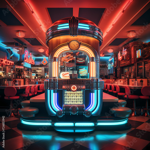 Retro diner with a jukebox and neon signs
