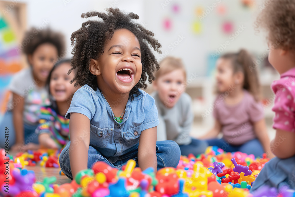 A child smiling and playing with his kindergarten friends. A child smiling and playing with his kindergarten friends.