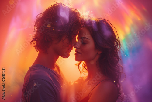 A couple close to kissing in an idealized scene with the rainbow behind. pride concept.