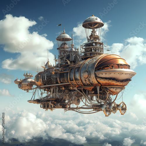 Steampunk-inspired flying machine in the sky.