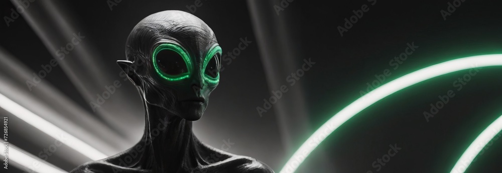 Alien on grey background of dynamic light rays and green eyes. UFO ...