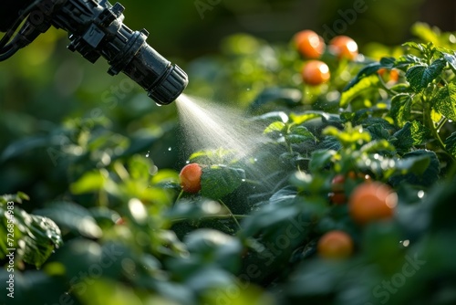 Spraying with pesticides for pest control. Background with selective focus and copy space