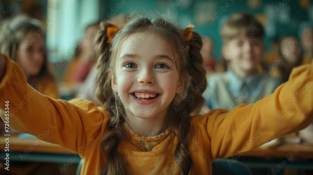 Smiling Little Girl Plays Joyfully  in a Classroom, Happiness and Fun in Education