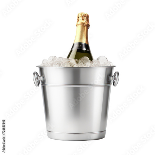 Single champagne bottle in ice bucket, on transparency background PNG