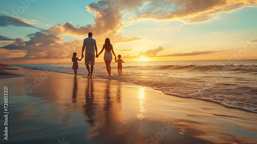 Beach Sunset Serenity with Silhouetted family Walking by the Ocean Waves at Dusk