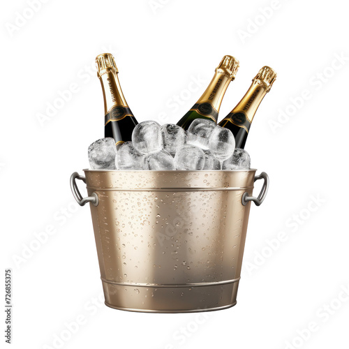 Bottle of champagne in a cooler bucket with ice isolated on transparency background PNG