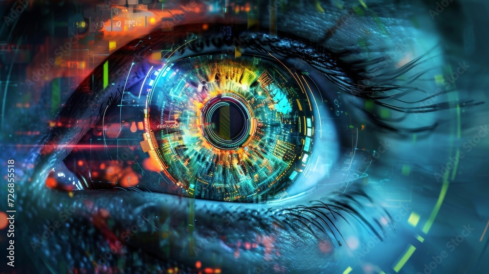 Naklejka premium Close-Up of Persons Eye With Digital Image Background