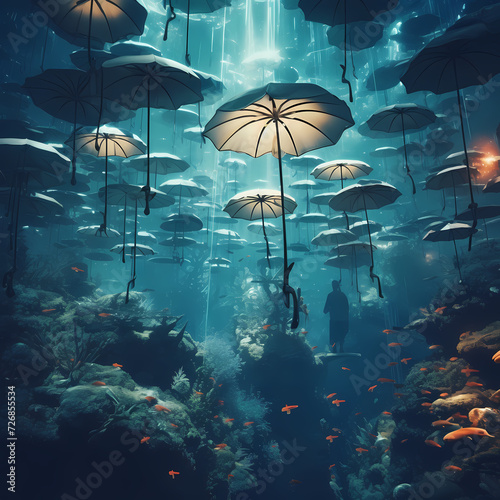 Surreal underwater scene with floating umbrellas. 