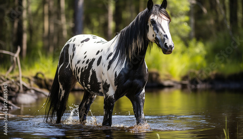 Young horse grazing in a green meadow near a pond generated by AI © Stockgiu
