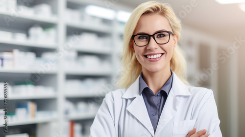 Smiling Female Pharmacist with Glasses Standing in Pharmacy. Healthcare and Medical Profession Concept