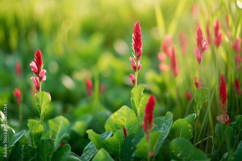 Spring field with wildflowers. Background with selective focus and copy space