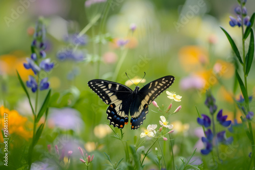 A butterfly with open wings in the spring in the meadow. Background with selective focus and copy space