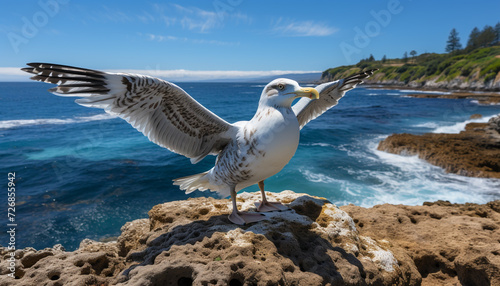 Seagull flying freely, spreading wings, enjoying nature beauty by the coastline generated by AI