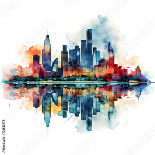 Watercolor-style city skyline with reflections. 