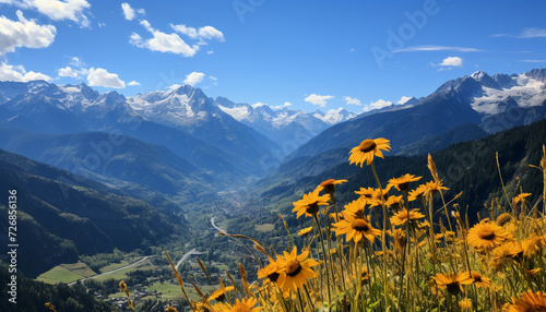 Majestic mountain peak, blue sky, yellow flowers, tranquil meadow generated by AI