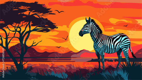 Vector background of a spirited zebra in a surreal landscape  with bold stripes and vibrant colors reflecting the energetic and untamed nature of this iconic African animal. simple minimalist