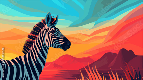 Vector background of a spirited zebra in a surreal landscape  with bold stripes and vibrant colors reflecting the energetic and untamed nature of this iconic African animal. simple minimalist