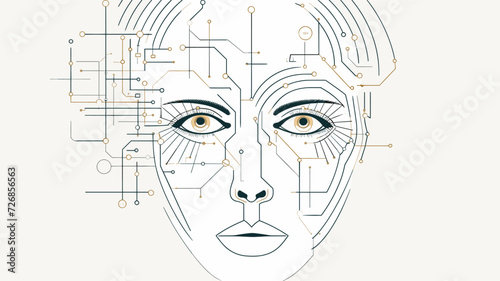 Vector representation of a robotic face with circuitry patterns  symbolizing the consciousness and self-awareness that can emerge within advanced artificial intelligence systems. simple minimalist