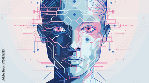 Vector representation of a robotic face with circuitry patterns  symbolizing the consciousness and self-awareness that can emerge within advanced artificial intelligence systems. simple minimalist