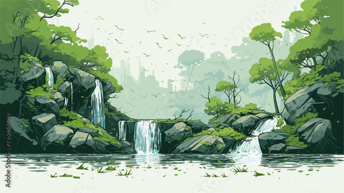Serene waterfall cascading down moss-covered rocks  surrounded by lush greenery  creating a harmonious natural oasis with gentle water ripples. simple minimalist illustration creative