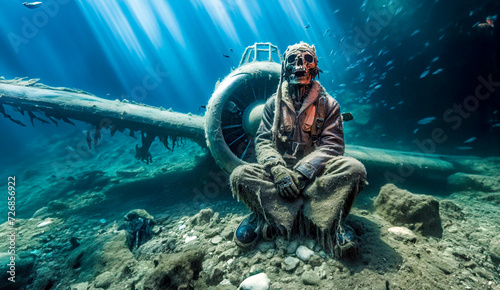 The skeletal remains of a World War 2 pilot still wearing his military uniform sits near his crashed fighter aircraft at the bottom of the sea  photo